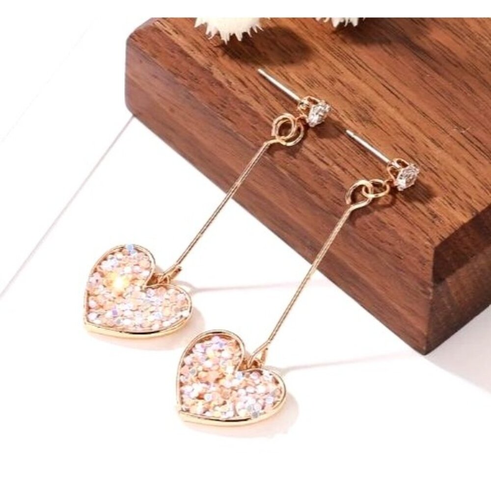 Gold Toned Heart Drop Earrings With Rhinestone Details‎